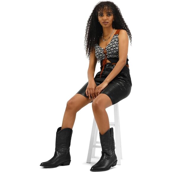 mysoft Women's Black Western Cowboy Boots Mid Calf Pointed Toe Cowgirl - Picture 5 of 7